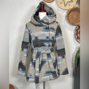 Aztec Southwestern Coat Womens Gray Hooded Y2K Belted Paris Blues Wool Blend LG
